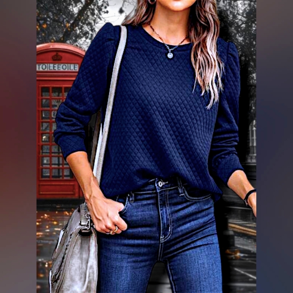 NWOT Women’s Navy Blue Solid Puff Sleeve Round Neck Sweatshirt Size Medium
